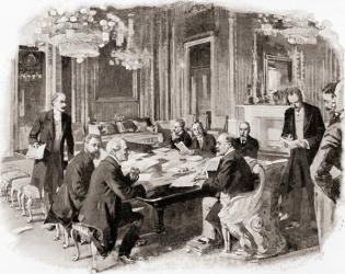 King Edward VII at a privy council meeting at Buckingham Palace, London, England in the late 19th century. Edward VII, 1841  1910. King of the United Kingdom. From Living London, published c.1901 | Obraz na stenu