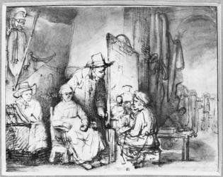 Interior of a studio with a painter painting the portrait of a couple (pen, ink, bistre & wash on paper) (b/w photo) | Obraz na stenu