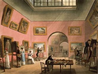 Students learning to paint and making copies of pictures at the British Institution, Pall Mall, from Ackermann's `Microcosm of London', 1808 (etching with w/c) | Obraz na stenu