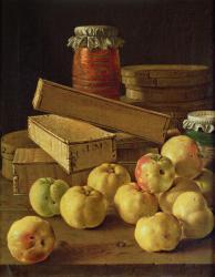 Still life with apples, pots of jam and boxes of cake (oil on canvas) | Obraz na stenu