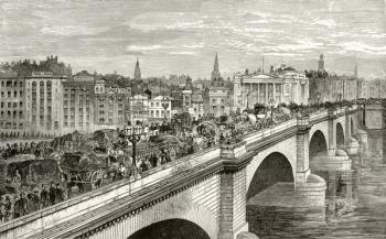 London Bridge in the nineteenth century, from 'London Pictures: Drawn with Pen and Pencil', by Rev. Richard Lovett, published 1890 (litho) | Obraz na stenu