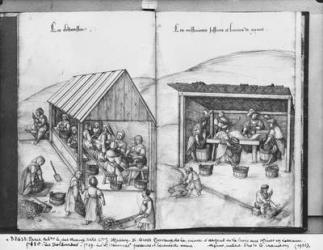 Silver mine of La Croix-aux-Mines, Lorraine, fol.18v and fol.19, sorting out and washing the ore, c.1530 (pen & ink & w/c on paper) (b/w photo) | Obraz na stenu