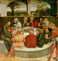 Triptych, left panel, Philipp Melanchthon performs a baptism assisted by Martin Luther; centre panel, the Last Supper with Luther amongst the Apostles; right panel, Luther makes his confession; Luther's sermon below, 1547 (detail of 51406) | Obraz na stenu