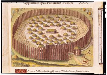 Fortified Indian Village, from 'Brevis Narratio...', published by Theodore de Bry, 1591 (coloured engraving) (detail of 180137) | Obraz na stenu