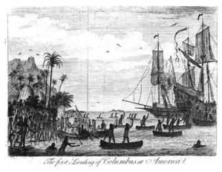 The First Landing of Columbus at America (engraving) (b&w photo) | Obraz na stenu