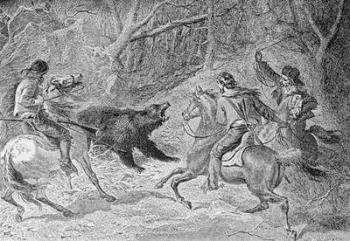 Roping a Grizzly, illustration from 'Harper's Weekly', 1874, from 'The Pageant of America, Vol.3', by Ralph Henry Gabriel, 1926 (engraving) | Obraz na stenu