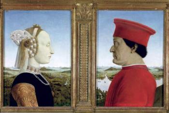 Portraits of Duke Federico da Montefeltro (1422-82) and Battista Sforza, c.1465 (tempera on panel) (see also 95420) | Obraz na stenu