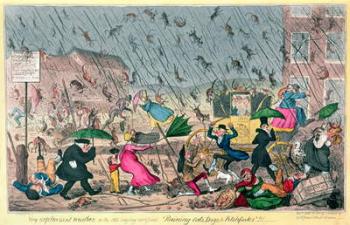 Very Unpleasant Weather, or the Old Saying verified "Raining Cats, Dogs and Pitchforks!", pub. by G. Humphrey, 1820 (engraving) | Obraz na stenu