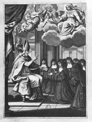 St. Francois de Salles (1567-1622) Giving the Rule of the Visitation to St. Jeanne de Chantal (1572-1641) (engraving) (b/w photo) | Obraz na stenu