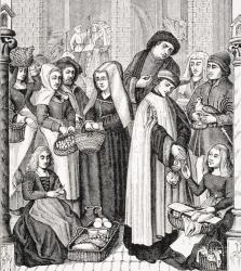 Toll on Markets, levied by a Cleric, after a 15th century painted window in the cathedral of Tournay, from 'Le Moyen Age et La Renaissance' by Paul Lacroix (1806-84) published 1847 (litho) | Obraz na stenu