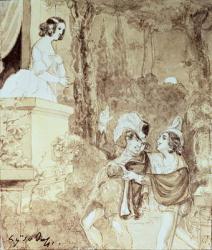Leporello serenading Elvira in the guise of Don Giovanni (Don Juan) who stands behind him, Act II scene I, from 'Don Giovanni' by Wolfgang Amadeus Mozart (1756-91) (pen and wash) | Obraz na stenu