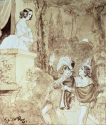 Leporello serenading Elvira in the guise of Don Giovanni (Don Juan) who stands behind him, Act II scene I, from 'Don Giovanni' by Wolfgang Amadeus Mozart (1756-91) (pen and wash) | Obraz na stenu