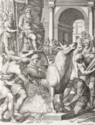 Phalaris condemning the sculptor Perillus to die in the bronze bull, to be roasted alive and his cries will represent the bellowing of the bull, after a 16th century work, from 'Les Arts au Moyen Age', published 1873 (litho) | Obraz na stenu