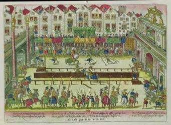 Tournament during which Henri II (1519-59) was injured by the Count of Montgomery and died ten days later, 30th June 1559 (coloured engraving) | Obraz na stenu