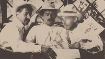 Mikhail Matyushin, Kazimir Malevich and Aleksei Kruchenykh at Uusikirkko, Finland, in July 1913 (b/w photo) | Obraz na stenu