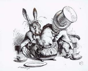 The Mad Hatter and the March Hare putting the Dormouse in the Teapot, illustration from 'Alice's Adventures in Wonderland', by Lewis Carroll, 1865 (engraving) (b&w photo) | Obraz na stenu