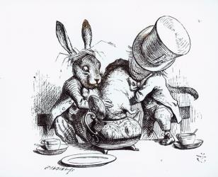 The Mad Hatter and the March Hare putting the Dormouse in the Teapot, illustration from 'Alice's Adventures in Wonderland', by Lewis Carroll, 1865 (engraving) (b&w photo) | Obraz na stenu