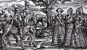 Macbeth, Banquo and the Three Witches, illustration for a scene from 'Macbeth' by William Shakespeare (1564-1616) (woodcut) (b/w photo) | Obraz na stenu