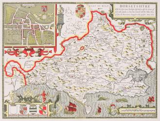 Dorsetshire, engraved by Jodocus Hondius (1563-1612) from John Speed's Theatre of the Empire of Great Britain, pub. by John Sudbury and George Humble, 1611-12 (hand coloured copper engraving) | Obraz na stenu