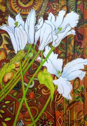 Lilies against a Patterned Fabric, (watercolour) | Obraz na stenu
