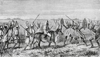 The Start from M'rooli for the Lake with Kamrasi's Satanic Escort, from 'The Albert N'yanza, Great Basin of the Nile, and Explorations of the Nile Sources', 1866 (engraving) | Obraz na stenu