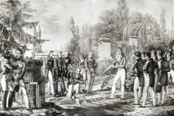 Students from the Ecole Polytechnique at the tomb of Gaspard Monge (1746-1818), September 1818 (litho) (b/w photo) | Obraz na stenu