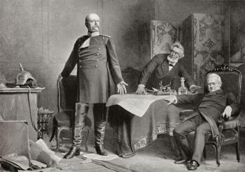 The meeting between Otto von Bismarck, left, and Adolphe Thiers, seated far right, at the Palace of Versailles, France, signalling the end of the Franco-Prussian war in 1871. From Edward VII His Life and Times, published 1910. | Obraz na stenu