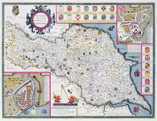 The North and East Ridings of Yorkshire, engraved by Jodocus Hondius (1563-1612) from John Speed's 'Theatre of the Empire of Great Britain', pub. by John Sudbury and George Humble, 1611-12 (hand coloured copper engraving) | Obraz na stenu