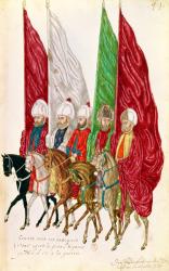 Fol.41 Men with Standards Following the Seigneur to War, from 'Moeurs et Costumes des Pays Orientaux et Habillements de Differents Pays', copy of an original of 1513 (gouache on paper) | Obraz na stenu