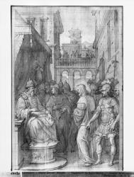 Life of Christ, Christ before Herod, preparatory study of tapestry cartoon for the Church Saint-Merri in Paris, c.1585-90 (pierre noire & wash & white highlights on paper) | Obraz na stenu