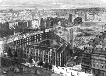 Transformation of Paris: Building in 1861, between the streets Neuve-des-Mathurins, Chaussee-d'Antin and Boulevard des Capucines, location for the new Opera and building of the Hotel de la Paix, engraved by Predhomme (fl.1840) (engraving) | Obraz na stenu