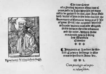 Frontispiece of 'The Summarie of Famouse Writers of the Ile of Great Brita' depicting John Wycliffe (c.1330-84), 1550 (engraving) (b/w photo) | Obraz na stenu