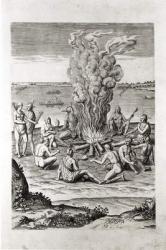 Indians praying around a fire, engraving from Hariot's 'A Briefe and True Report of...Virginia', 1590, engraved by Theodor de Bry (1528-98) (engraving) | Obraz na stenu