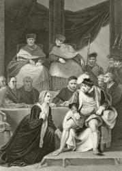Catherine of Aragon kneeling before her husband King Henry VIII during the trial of their marriage, from 'The National and Domestic History of England' by William Hickman Smith Aubrey (1858-1916) published London, c.1890 (litho) | Obraz na stenu
