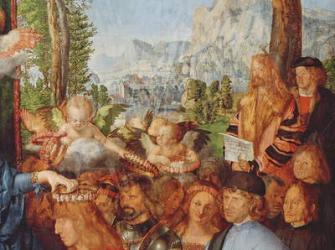 Detail of 'The Feast of the Rosary' showing Dürer's self portrait with beard and long blond hair in a fur coat standing in front of a tree and holding a scroll in his hand, 1506 (oil on panel) (see also 157023) | Obraz na stenu