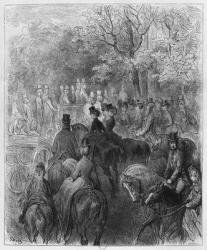 Carriages and riders at Hyde Park, illustration from 'Londres' by Louis Enault (1824-1900) 1876, engraved by Paul Jonnard-Pacel (d.1902) Paris, Hachette (engraving) (b/w photo) | Obraz na stenu