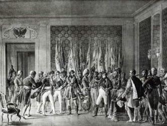 Napoleon gives the flags won at Austerlitz in 1805 to the Mayors of Paris visiting him at Schonbrunn (litho) | Obraz na stenu