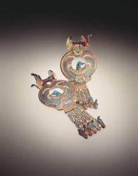 Earrings with hybrid birds with wings of falcons and heads of ducks, from the Tomb of Tutankhamun (c.1370-1352 BC) New Kingdom (gold inlaid with coloured glass & faience) | Obraz na stenu