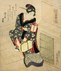 Woman climbing the stairs holding a lamp and a box (colour woodblock print) | Obraz na stenu
