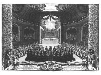 Concert in the garden of Trianon, 2nd day of celebrations at Versailles, 14th July 1668', 1675 (engraving) (b/w photo) | Obraz na stenu