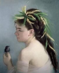 Portrait of a Girl holding a Sparrow (pastel) | Obraz na stenu