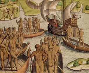 'The Lusitanians send a second Boat towards me', from 'Americae Tertia Pars...', 1592 (coloured engraving) | Obraz na stenu