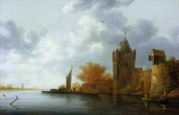 River estuary with a tower and fortified walls, ferry embarking | Obraz na stenu