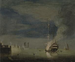 A Two-Decker on Fire at Night off a Fort, c.1740 (oil on canvas) | Obraz na stenu