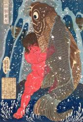 Kintoki Swims up the Waterfall (woodblock print) (see also 100501) | Obraz na stenu