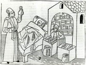 A patient with a Doctor and a Pharmacist from 'Le Livre des proprietes des choses' by Barthelemy l'Anglaise, 1482 (woodcut) (b/w photo) | Obraz na stenu