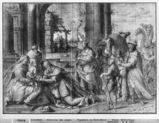 Life of Christ, Adoration of the Magi, preparatory study of tapestry cartoon for the Church Saint-Merri in Paris, c.1585-90 (pierre noire & wash & white highlights on paper) | Obraz na stenu