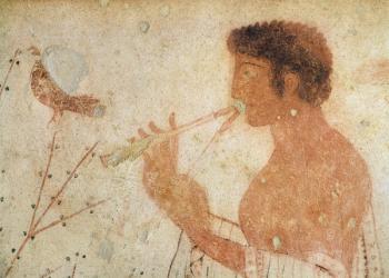 Detail of Musician playing a double flute, from the tomb of the triclinium, c.470 BC (wall painting) | Obraz na stenu