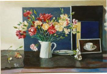 Carnations in a spiral jug, 2000 (oil on panel) | Obraz na stenu