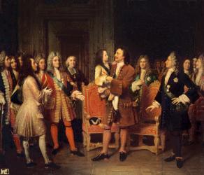 Louis XV (1710-74) Visiting Peter I (1672-1725) the Great at l'Hotel de Lesdiguieres, 10th May 1717 (oil on canvas) | Obraz na stenu